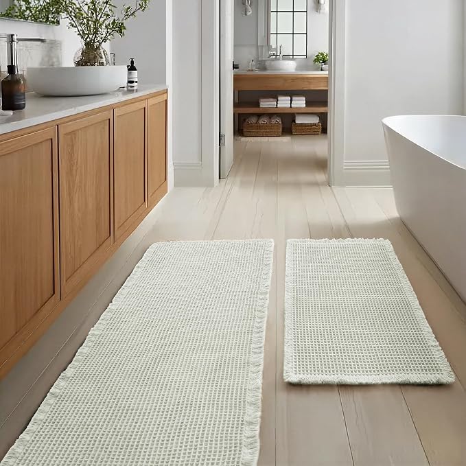 JIUZHEN Set of 2 Waffle Bath Mats Non Slip Waffle Bathroom Runner Rug Washable Boho Runner Bath Rugs Super Absorbent Shower Mat for Bathroom Kitchen Hallway Laundry, 20" x 32" +24" x 60", Cream
