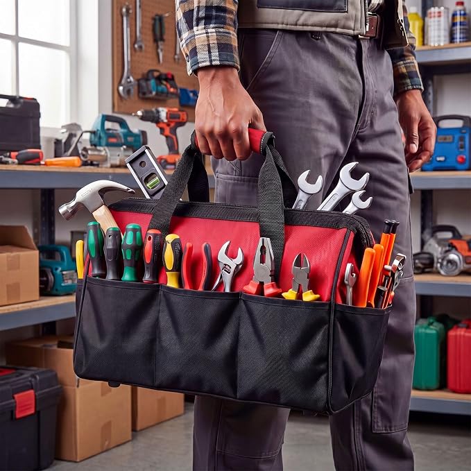 Sanwuta 3 Pack Tool Bag for Men with Waterproof Hard Bottom, Heavy Duty Tool Bag Wide Mouth Tote for Various Instrument, Electrician Carpenter Mechanic(Blue, Red, Yellow,18 Inch,Side Pockets)