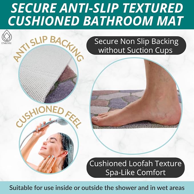 Anti Slip Shower Mat - Non Slip Shower Mats for Inside Shower - Large 47x24 Loofah Shower Floor Mat Non Slip - Bath Mat for Shower - Secure Mat Without Suction Cups (47x24 Stone Path)