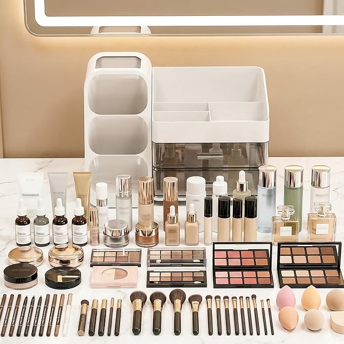 Large Capacity Makeup Organizer Countertop with Makeup Brush Holder for Vanity, Thickened Material, Bathroom Countertop Organizer Skin Care Perfumes Storage, Teen Girl Gifts for 12-23 Year（white）