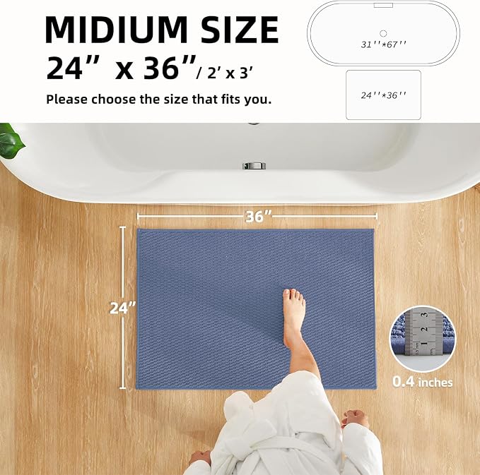 TYUU Bathroom Rugs Non Slip Washable, Super Absorbent Thin Bath Mat Quick Dry Low Pile Bathroom Rug, Denim Blue 24"x36"