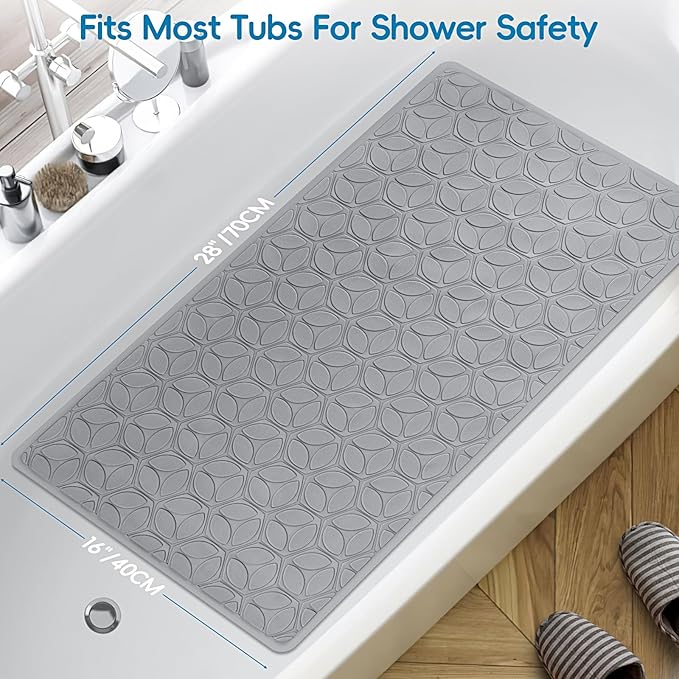 Bathtub Mat Non Slip with Suction Cups - 100% Rubber Bathroom Mat Textured for Bath Tub Shower Safety - Soft on Touch - BPA/PVC Free - Pet Dog Bath Mat - Machine Washable - 16 × 28 Inch（Gray）