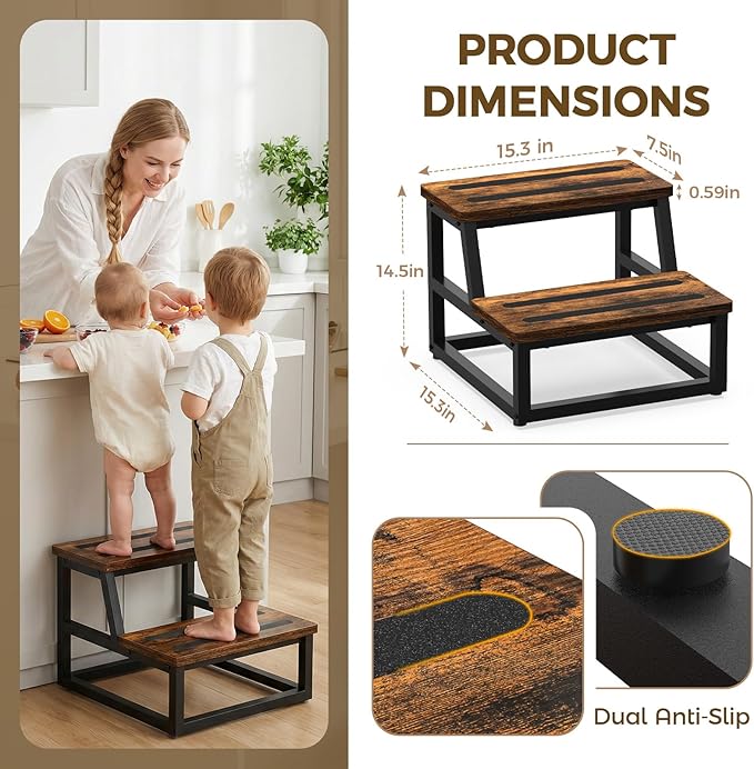 Step Stool, NomNest 2 Step Wooden Ladder Metal Foot Stool Wide Kitchen Stool Helper for Toddler Adults Seniors, Ladder Chair for Home Bedside Bathroom Sink Potty