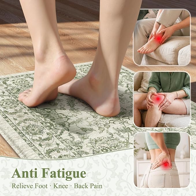 KIMODE Anti Fatigue Kitchen Mat Set, Non Slip Waterproof Kitchen Rug Set of 2, Boho Rugs for Kitchen, Ergonomic Standing Kitchen Sink Mats for Floor, 17"x29.5"+17" x47”, Sage Green