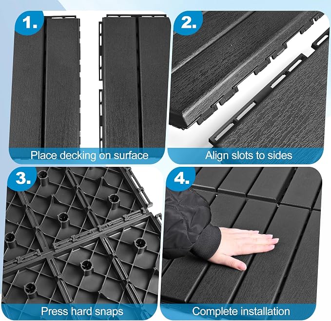 ToLanbbt Plastic Interlocking Deck Tiles 36 Pack 12"x12" Waterproof Indoor Outdoor Composite Patio Flooring Decking Tiles All Weather Use for Patio Porch Balcony Backyard Poolside, Dark Grey