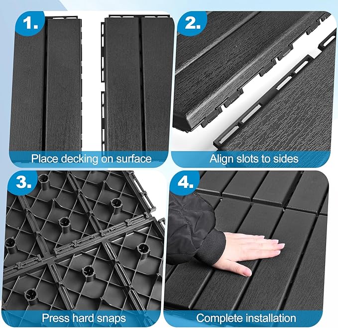 ToLanbbt Plastic Interlocking Deck Tiles 27 Pack 12"x12" Waterproof Indoor Outdoor Composite Patio Flooring Decking Tiles All Weather Use for Patio Porch Balcony Backyard Poolside, Dark Grey
