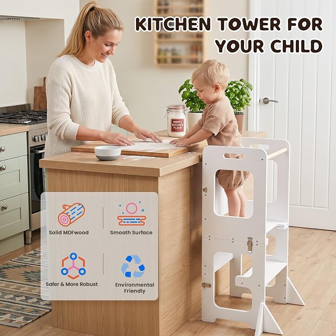 labebe Toddler Standing Tower for 12M+, Montessori Foldable Learning Standing Tower with Blackboard, Anti-tip Structure Design,Wooden Kitchen Step Helper Stool for 1-3 Year Old Boy Girl Gift (White)