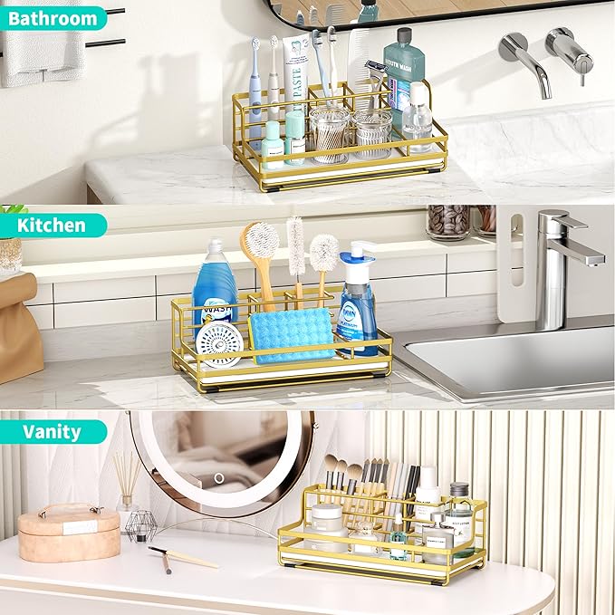 HapiRm Toothbrush Holders for Bathroom - 5 Partitions Bathroom Counter Organizer with Instant Drying Stone, Stainless Steel Countertop Storage Electric Toothbrush Toothpaste Holder - Gold