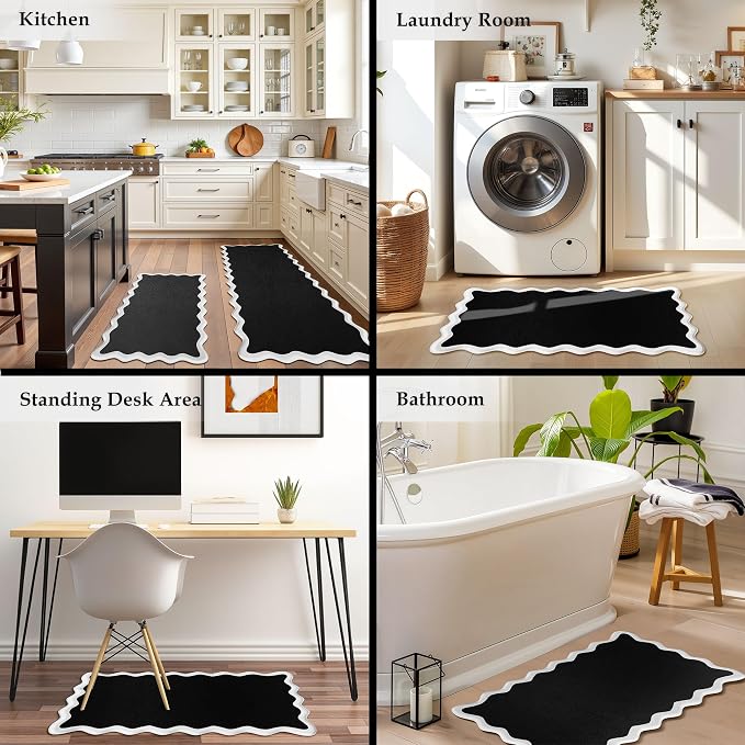 Arenarug Scalloped Black White Kitchen Mats Rugs Sets of 2 Cushioned Anti Fatigue Floor Mat Waterproof Kitchen Rugs Non Slip Foam Comfort Standing Mat for Sink Laundry, 17.3"x30"+17.3"x59"