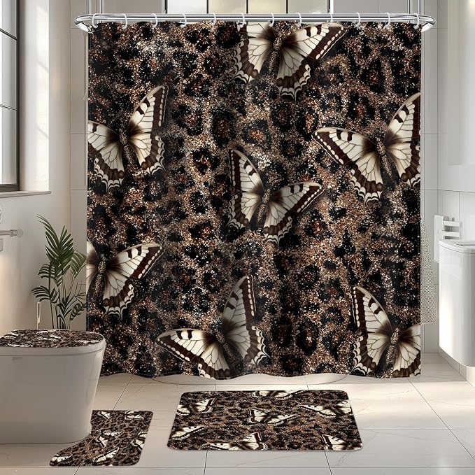 4 PCS Vintage Leopard Print Shower Curtain Set 72Wx72H,Toilet Lid Cover,Non-Slip Rugs and U-Shaped Mat,Butterfly Bathroom Sets with Rugs Shower Accessories 12 Hooks for Bathroom Decor