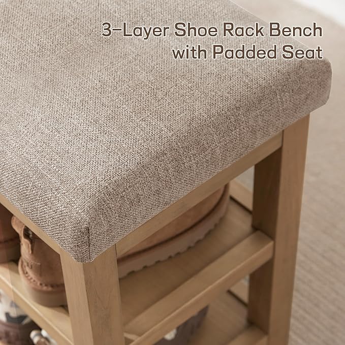 Zihanhome Shoe Rack Bench with Cushion, 2 Tier Solid Wood Storage Bench, Mid-Century Modern Shoe Bench for Entryway, Hallway, Closet, Front Door Entrance, Foyer (Brown, 46.5")