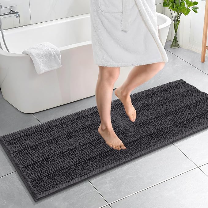 OLANLY Thick Bathroom Runner Rugs 59x20, Absorbent Chenille Striped Bath Rugs, Rubber Backing, Machine Wash, Extra Long Bath Mats for Bathroom Floor, Tub and Shower, Home Decor Accessories, Dark Grey