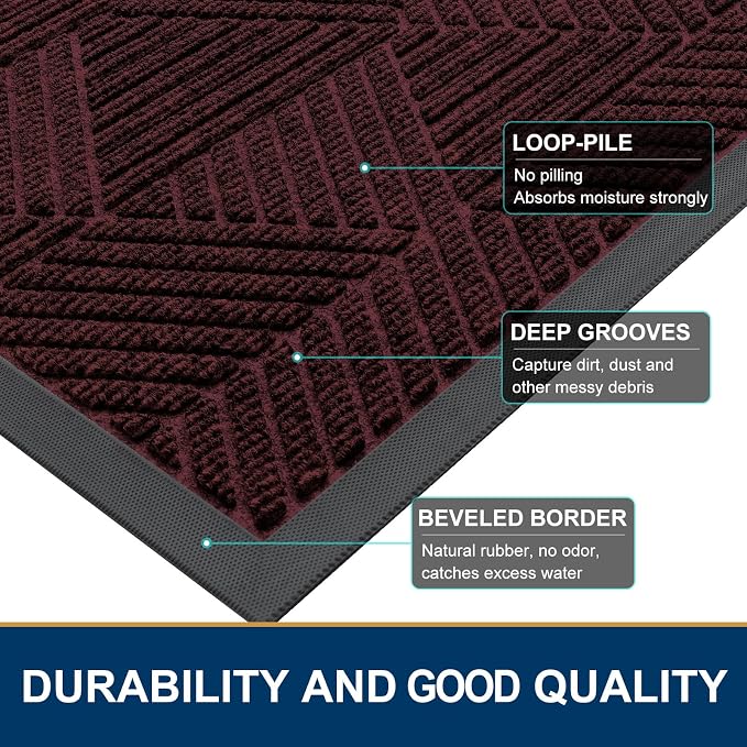 Smiry Front Door Mat Outside Entrance, Heavy Duty Sturdy Natural Rubber Doormat, Trap Dirt and Moisture, Easy Clean Low Profile Welcome Floor Mats for Indoor Outdoor Entry, 35X23 Inch, Dark Red
