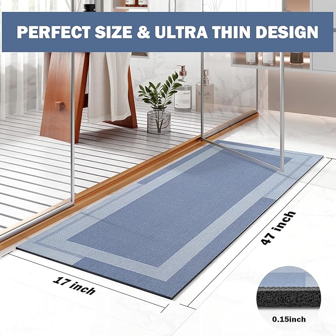 YDKGL Non Slip Long Bath Mat Bathroom Runner, Rubber Backing Ultra Thin Bathroom Rugs Fit Under Door Quick Dry Super Absorbent Washable Bath Rug Shower Mat for Bathtub Sink Floor, Blue 17"x47"