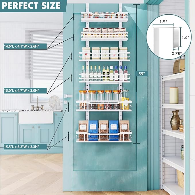 Eastherry Over The Door Pantry Organizer，6-Tier Over The Door Organizer with Adjustable Basket，Metal Hanging Pantry Organizers and Storage for Kitchen, Back of Door Seasoning Rack (White)