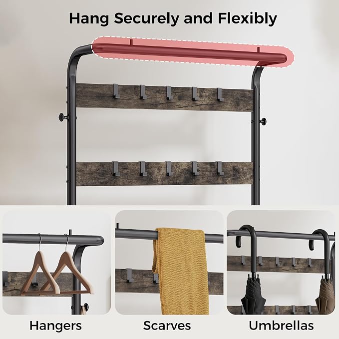 Hall Tree with Bench and Shoe Storage, 4-in-1 Entryway Organizer with 10 Hooks and Storage Shelf,Coat Rack Freestanding with 2-Tier Storage Shelf for Living Room, Deep Gray