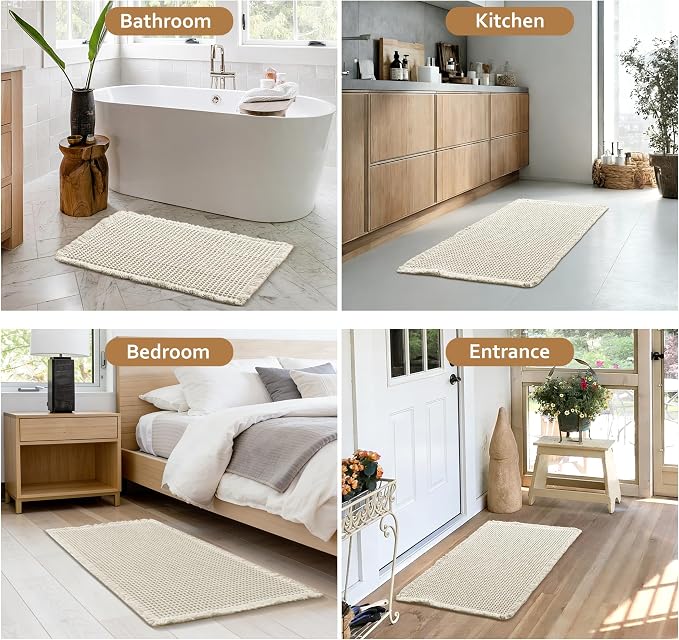 JIUZHEN Set of 2 Waffle Bath Mats Super Absorbent Boho Bath Rugs Non Slip Washable Bathroom Rugs Ultra Soft Machine Washable Shower Mats for Bathroom Floor, Tub, 16" x 24" +24" x 36", Ivory