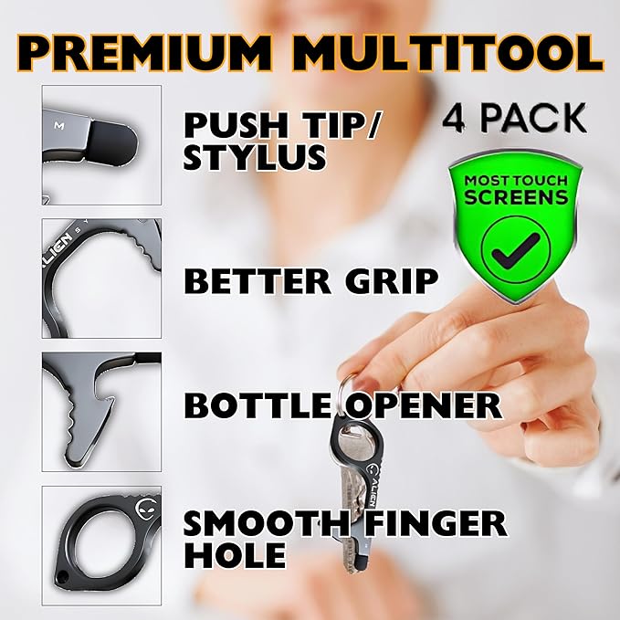 No Touch Door Opener tool 4 Pack - Premium keychain multitool - Hygienic Touch free Keychain tool - Touchscreen stylus, Button pusher and Bottle opener