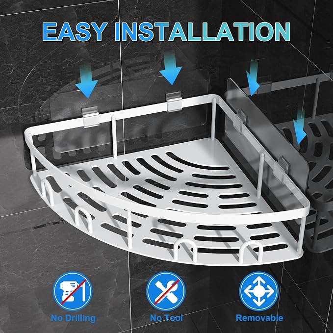 Corner Shower Caddy, 2 Pack Adhesive Bathroom Shower Corner Organizer Shelf, No Drilling Rustproof Wall Mounted Shower Storage Rack Shampoo Holder Organizer (White)