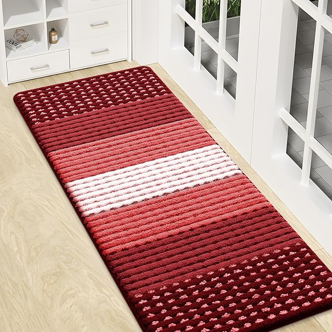 Kitinjoy Indoor Outdoor Door Mat, 47x17 Non-Slip Absorbent Dirt Trapper, Low-Profile Washable Inside Entrance Front Floor Mat, Sturdy Soft Entry Doormats Dotted Ombre for Entryway, Burgundy
