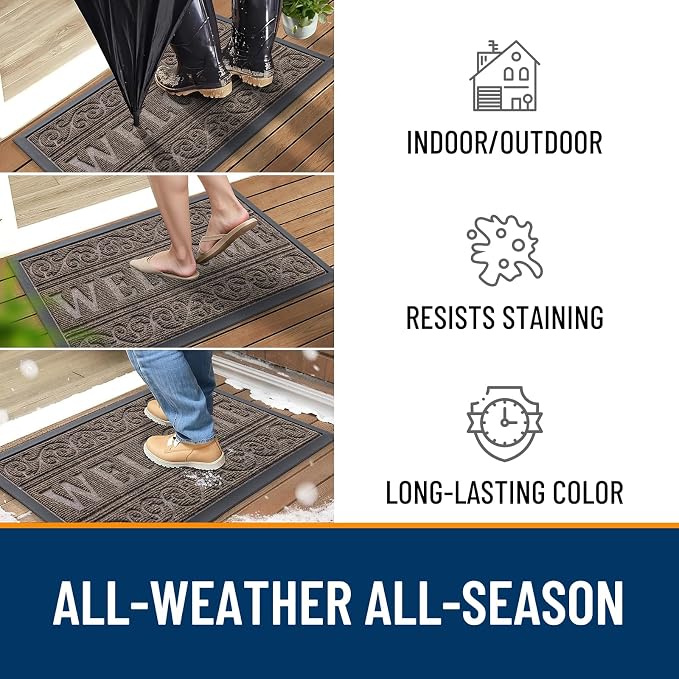 OLANLY Welcome Door Mat Indoor Outdoor Entrance, Heavy Duty Sturdy Front Door Mat, Waterproof All-Weather Doormat, Stain Resistant, Low Profile, Easy Clean Patio Entryway Mat, 36 x 24, Medium Brown