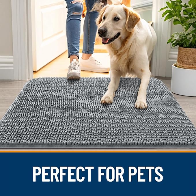 OLANLY Dog Door Mat for Muddy Paws 59x32, Absorbs Moisture and Dirt, Absorbent Non-Slip Washable Doormat, Quick Dry Chenille Mud Mat for Dogs, Entry Indoor Entryway Carpet for Inside Floor, Grey