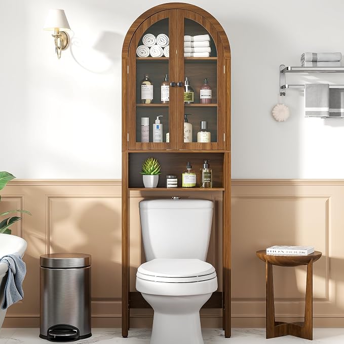 Arched Over The Toilet Storage Cabinet with Acrylic Doors, 4 Tier Small Bathroom Shelf Organizer, Mid Century Modern Bathroom Cabinet with Adjustable Shelf, Slim Narrow Arch Toilet Rack, Walnut