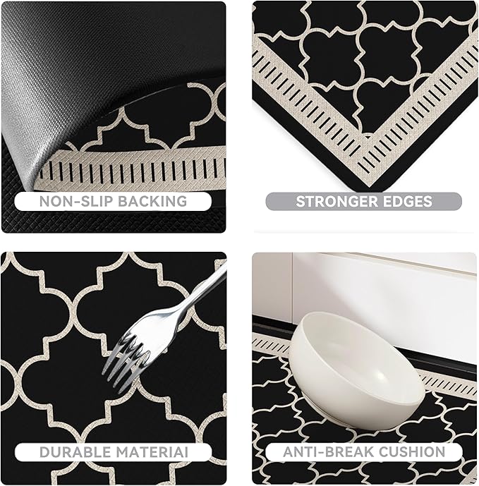 Black Vintage Moroccan Grid Elegance Kitchen Rug Sets [2 PCs], Anti-Fatigue, Waterproof Non-Slip Kitchen Mats Heavy Duty Comfort Foam Rug for Kitchen, Floor, Laundry,17"x29"+17"x47"