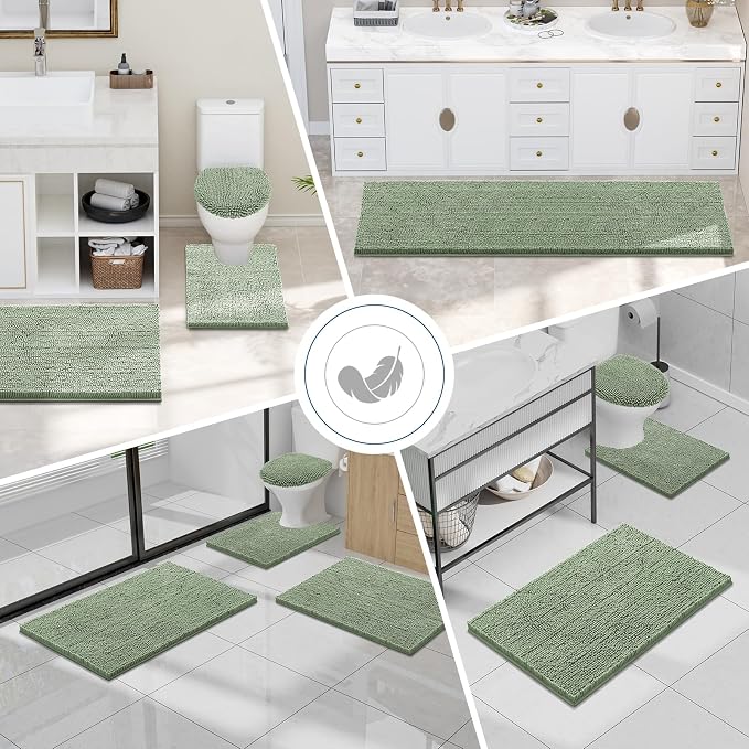 Smiry Luxury Chenille Bathroom Rugs 40x32, Extra Soft and Absorbent Shaggy Bath Mat, Machine Washable, Non-Slip Plush Carpet Runner for Tub, Shower, and Floor, Home Decor Accessories, Sage Green