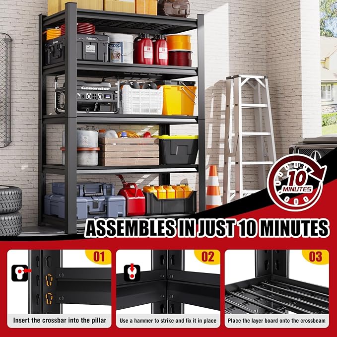 Set of 3 Garage Shelving-3000 lbs 5 Tier Storage Shelves, Adjustable Heavy Duty Metal Shelving Unit and Storage Large Wire Rack, Utility Steel Shelf for Warehouse Industrial-78 x46 x20, Black