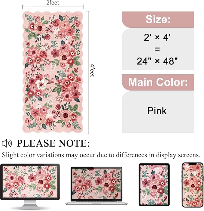 DUKINO 2x4 Washable Runner Rugs, Non Slip Floral Print Entryway Rug with Soft Low Pile, Lightweight Mat for Living Room, Bathroom, Bedroom, Kitchen, Pink