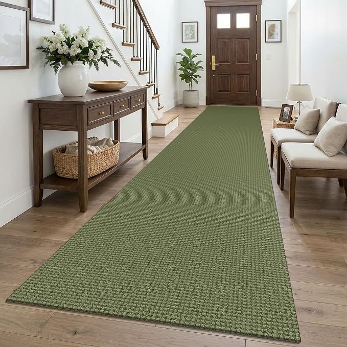 KOZYFLY 3x16 Runners Rugs for Hallway, Extra Long Washable Runner Rug, Non Slip Rubber Backed Kitchen Runner, Cotton Entryway Rug, Floor Carpet for Entry, Aisle, Hall, Olive Green/Earthy Green