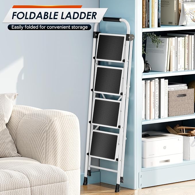 Urackify Step Ladder, 4 Step Ladder with Anti-Slip and Wide Pedal, Portable Foldable Step Stool with Handgrip, Sturdy Step Ladder for Home Kitchen Household, White