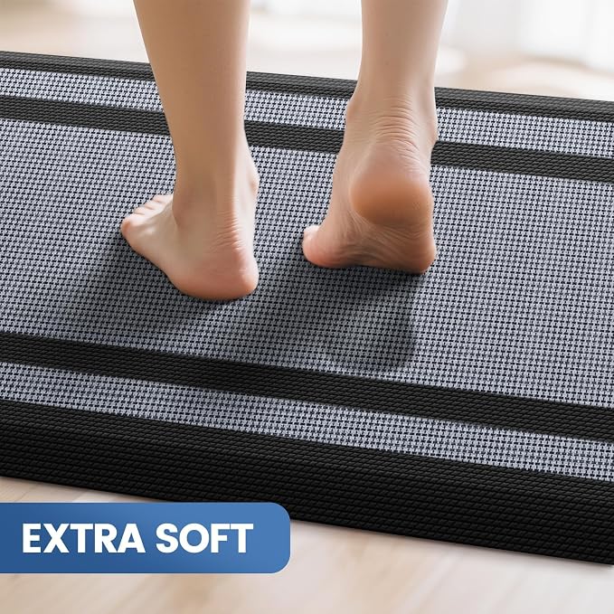 KitchenClouds [2 PCS] Kitchen Rugs Cushioned Anti-Fatigue Kitchen Mats for Floor Waterproof Kitchen Rug Set Non-Slip Comfort Standing Mat for Office, Sink, Laundry 20"×30"+20"×47",Black