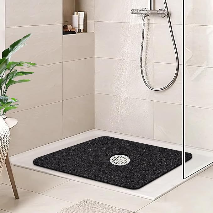 HITSLAM Square Shower Mat, 24 x 24 Inch Non Slip Bath Mat for Tub, Soft PVC Loofah Bathtub Mats with Drain Holes, Quick Drying Bathroom Stall Floor Mat, Bathroom Accessories Without Suction Cup, Black