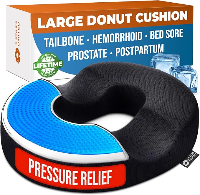 5 STARS UNITED Donut Pillow for Tailbone Pain & Hemorrhoids – Large Memory Foam Seat Cushion with Cooling Gel Layer for Bed Sore-Prone Areas & Pressure Relief – Black Mesh Cover