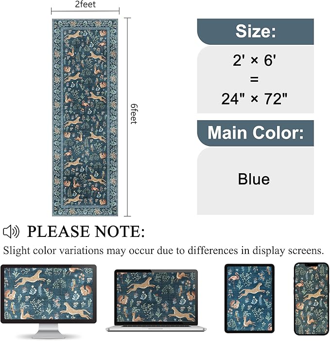 DUKINO 2x6 Rug for Hallway, Washable Kitchen Runner Rug with Non Slip Backing, Soft Low Pile Vintage Animal Runner for Bedroom, Kitchen, Hallway, Entryway, Laundry, Blue