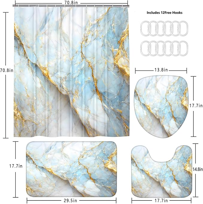 Nkzply 4 Pcs Blue Marble Shower Curtain Set White Bathroom Sets with Shower Curtain and Rugs Gold Modern Abstract Bathroom Decor Accessories Bathroom Rugs Toilet Lid Cover with Hooks