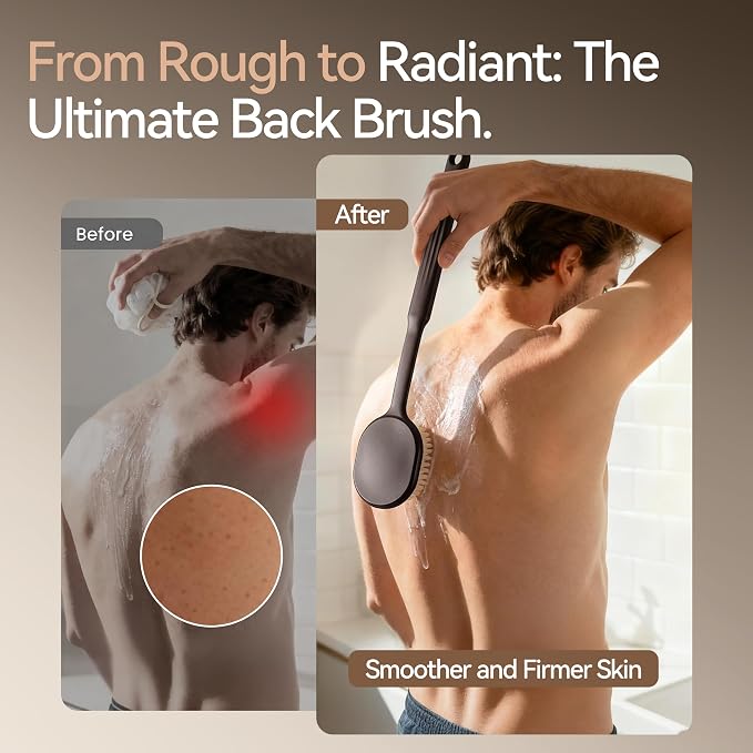 Back Scrubber for Shower for Men Women, Body Brush with Long Handle, Exfoliating Bath Washer with Soft Bristles for Wet or Dry Brushing, Back Scrub Deep Cleaning, Coffee Ground Infused