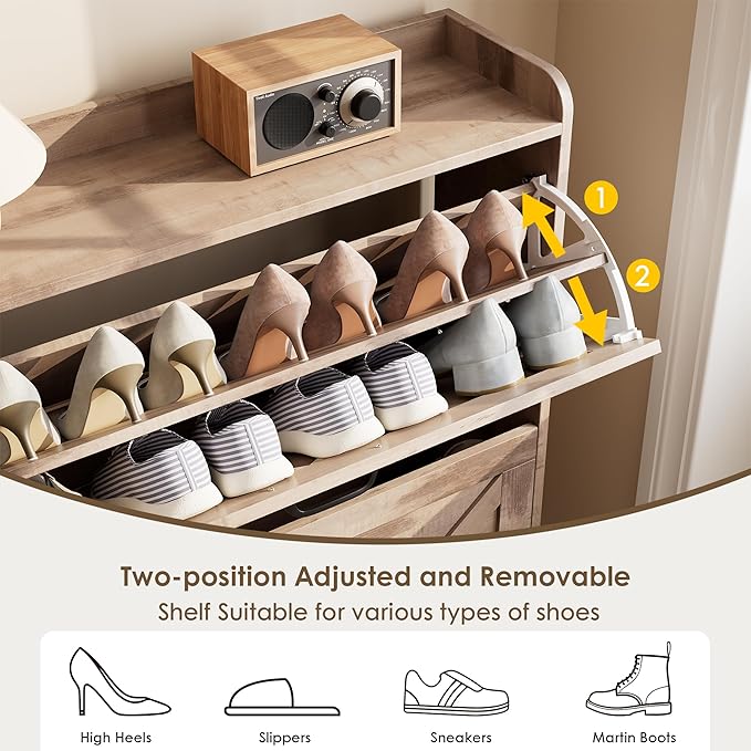 Nicetree Shoe Cabinet with 2 Flip Drawers，Freestanding Shoe Storage Cabinet, Narrow Shoe Organizer Cabinet, Farmhouse Slim Shoe Rack Cabinet for Entryway,Toasted Oak