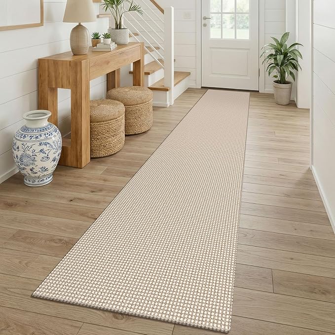 KOZYFLY Cotton 2x12 Runners Rugs for Hallway, Long Washable Runner Rug, Woven Non Slip Kitchen Runner, Braided Entryway Rug, Floor Carpet for Entry, Aisle, Hall, Ivory/Camel/Brown