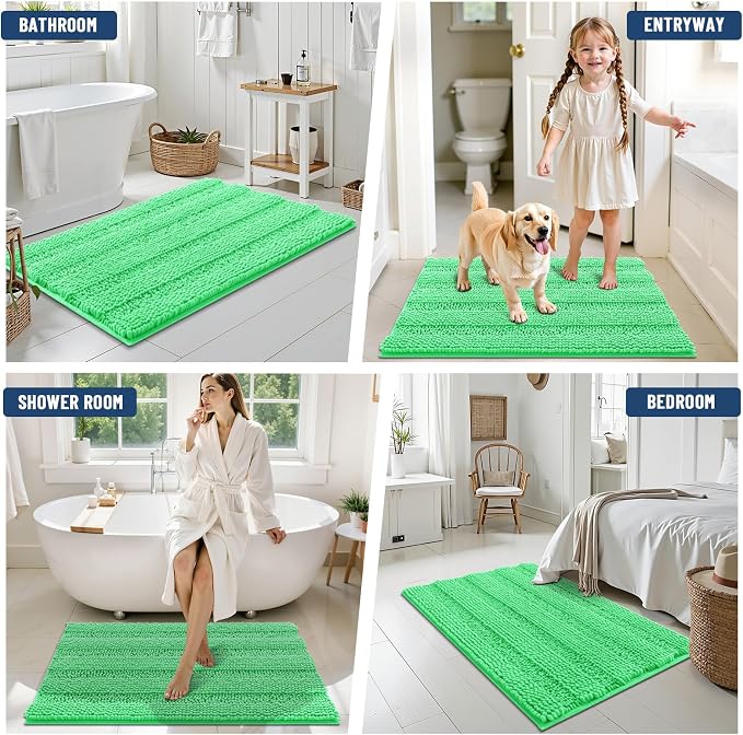 Grandaily Chenille Striped Bathroom Rugs 24x16, Extra Thick and Soft Absorbent Bath Mats, Rubber Backing, Plush Shaggy Shower Carpet, Machine Wash Dry, Bath Rug for Bathroom, Mint Green
