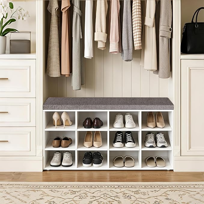 DINZI LVJ Shoe Storage Bench with Cushion, Cubby Shoe Rack with 12 Cubbies, Adjustable Shelves, Multifunctional Shoe Organizer Bench for Entryway, Mudroom, Hallway, Closet and Garage, White