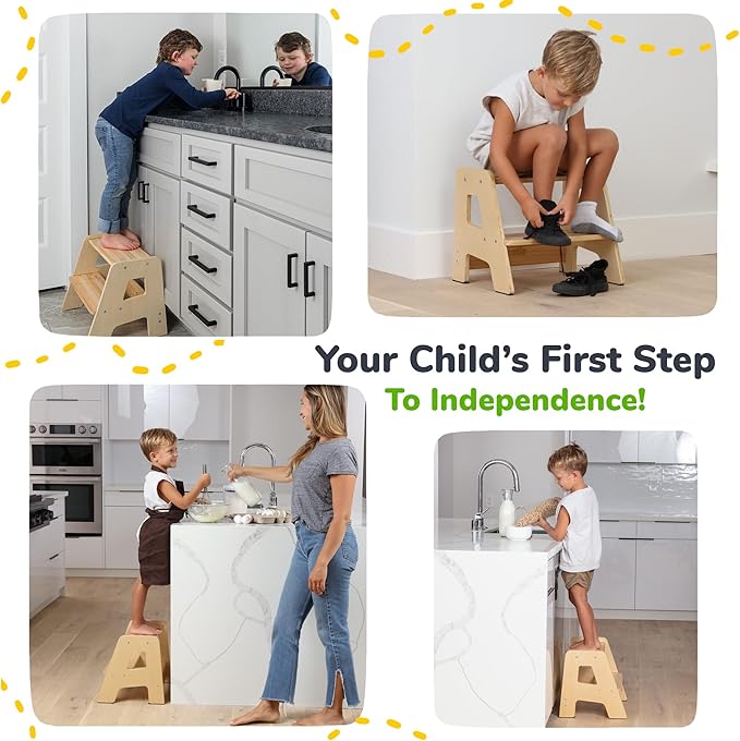 OCODILE 2-Step Wooden Step Stool for Toddlers | Kids Stool for Bathroom Sink & Kitchen Use | Non-Slip Step | Wooden Stool for Children Ages 2+ Years Varnished