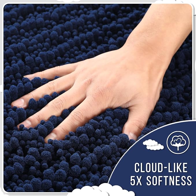 Yimobra Bathroom Rugs Non Slip Washable - Ultra Soft Absorbent Chenille Bath Mat, Quick Dry Shaggy Floor Carpet for Tub Shower, Navy Blue Home Decor Accessories, 24x17 Inch