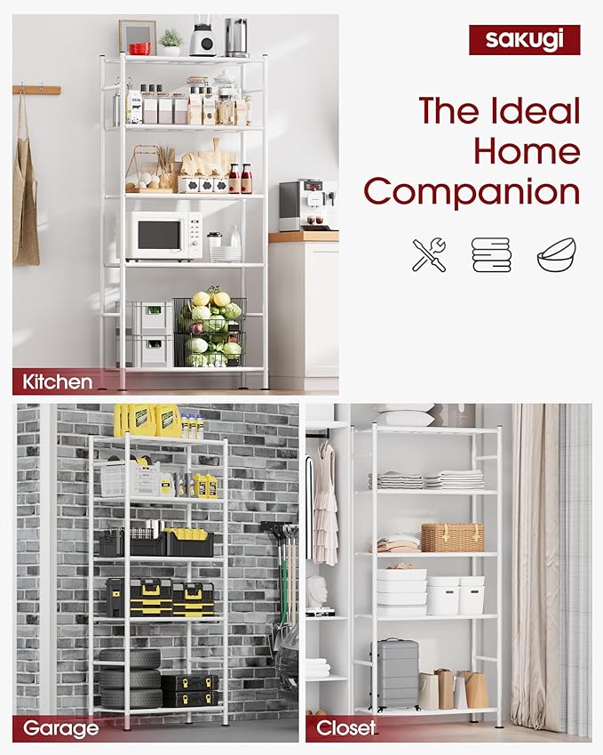 Sakugi Storage Shelves - 5 Tier Shelf Organizer, Heavy Duty Garage Shelving Unit with Leveling Feet, Stable Metal Shelves Organizer for Pantry, Kitchen and Closet, 33.0" W x 12.6" D x 72.0" H, White