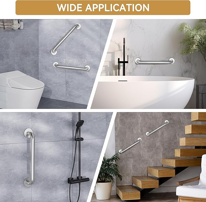 AmazerBath Shower Grab Bars for Seniors Anti Slip, Bath Safety Grab Bar for Needy, Stainless Steel Bathroom Safety Grab Bars, Thickened Bar Bigger Base Holds 500LBS, 16" L x 1" D, Brushed Nickel