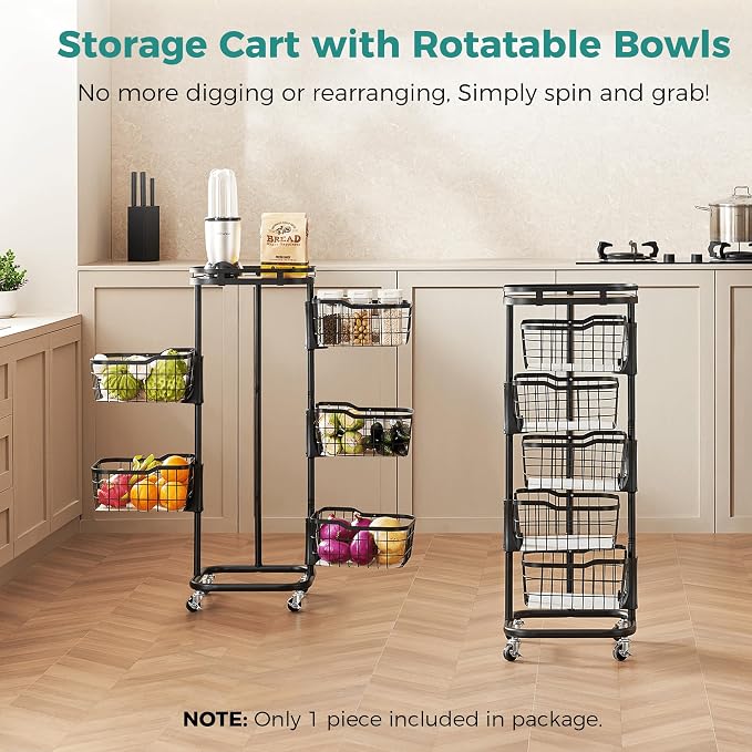 5 Tier Kitchen Fruit Vegetable Storage Cart with One-Piece Rotating Basket, Pantry Organizer Shelf Rack Floor Stand for Veggie Onion Potato Produce Spice, Rolling Snack Cart on Wheels, Black
