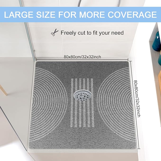 Square Shower Mat 32x32 Inch Non Slip Large Bath Mat for Inside Shower Loofah Soft Textured Bathroom Floor Mat Foot Massage Scrubber for Wet Area, Not Suction Cups, Quick Drying (White semi-Circle)