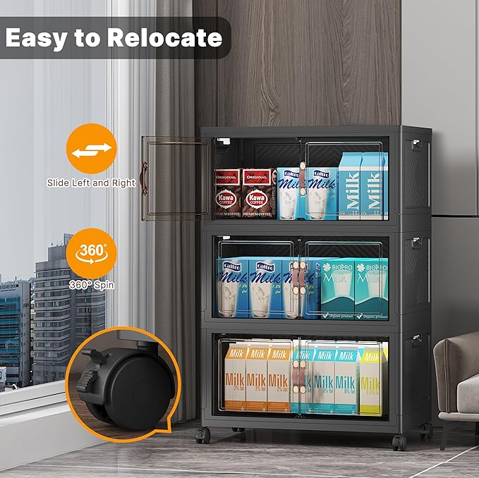UAMFURI Stackable Storage Bins with Lids, Closet Organizers and Storage with Doors and Wheels, Extra Large Storage Cabinet for Bedroom Office Garage (Dark-55qt, 3Pack with 1 top lid)